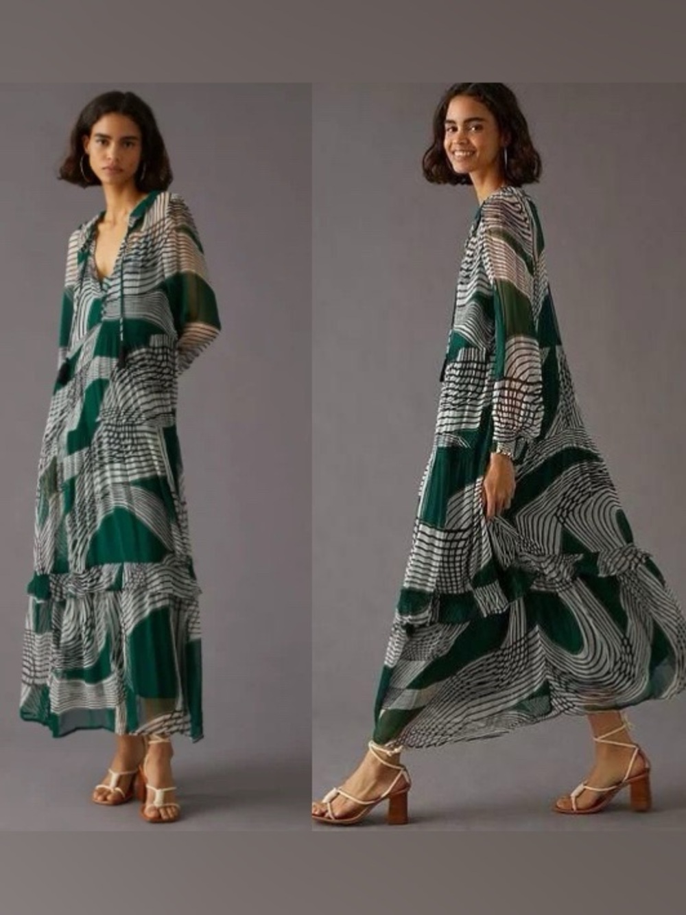 Anthropologie The Marais Printed Chiffon Maxi Dress Size Medium Green Black - Picture 2 of 10